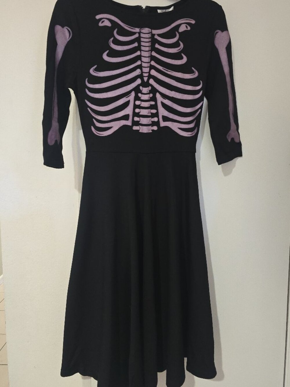 Unique Vintage Skeleton Bones Swing Dress Black Purple Pastel Goth S/4